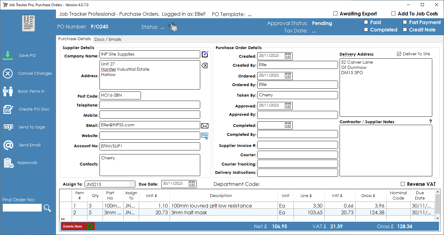 Comprehensive, simple to use Purchase Order Screen