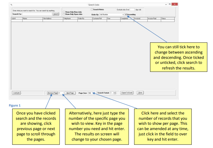 Search Jobs screen with paging controls